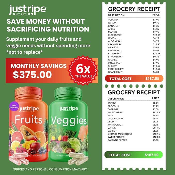Fruits and Veggies Supplement - 90 Fruit and 90 Vegetable Capsules - 100% Whole Natural Superfood - Filled with Super Greens Vitamins and Minerals - Supports Balance Energy Levels (2 Pack)