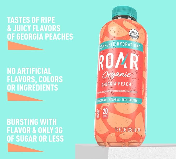 ROAR Complete Hydration Organic - Electrolyte Drinks Loaded with Vitamins C B5 B12 - Non-GMO Gluten-Free - Georgia Peach - 12 pc
