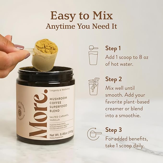 More. Longevity &amp Wellbeing Premium Mushroom Coffee Superfood – 7 Functional Mushrooms Extracts with Lions Mane Supplement Reishi Chaga &amp Ashwagandha Extract Instant Coffee Alternative with