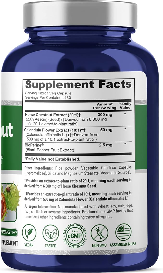 NusaPure Horse Chestnut 20:1 Extract 300 mg Equivalent to 6000mg 180 Veggie Caps Non-GMO Vegan BioPerine Calendula Flower