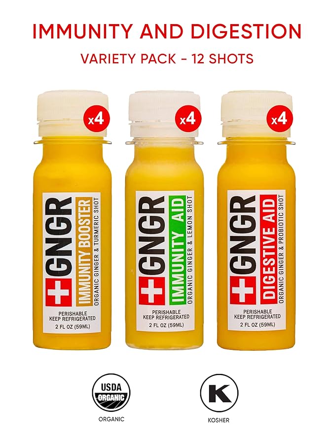 +GNGR 12 Shots Variety Pack of Organic Ginger Shots. Cold Pressed Preservative free. Ginger Juice Turmeric Root Lemon &amp Orange Juice Caynne Pepper. 2fl oz (Pack of 12)
