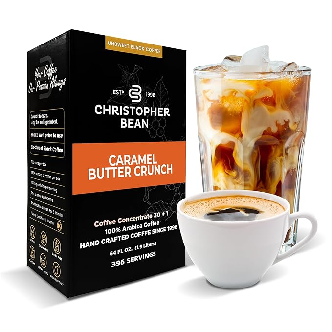 Christopher Bean Coffee - 396 servings 30 to 1 Blend Bag in Box Liquid Instant Coffee or Cold Brew Coffee Concentrate - Hot or Iced Coffee - Caramel Butter Crunch