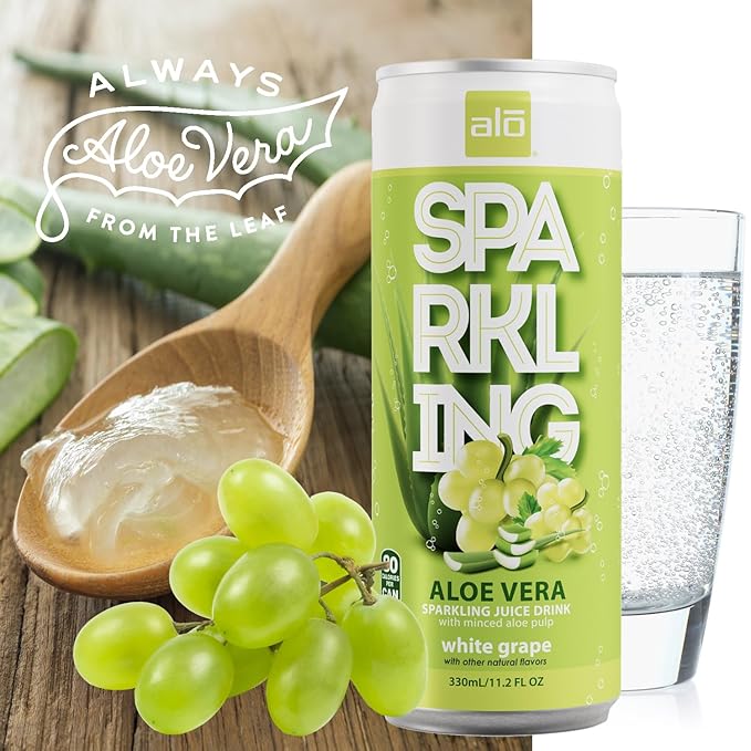 ALO Sparkling White Grape Carbonated Aloe Vera Juice Drink | 11.2 fl oz Pack of 6 | Plant-Based Beverage Vegan