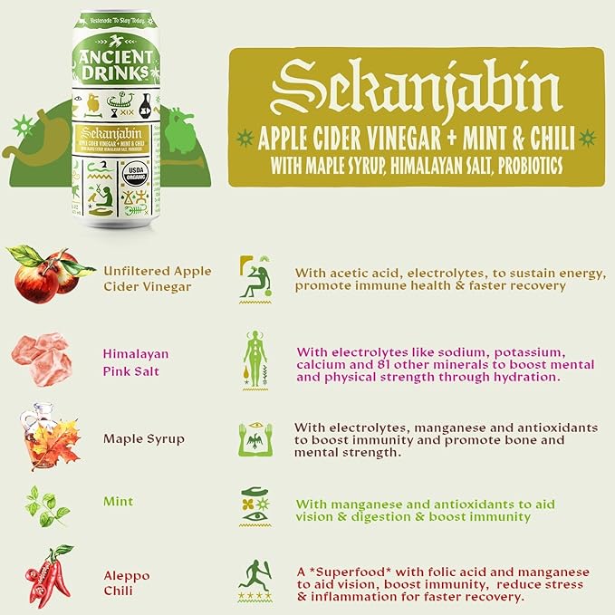 ANCIENT DRINKS Apple Cider Vinegar Electrolyte Drink with Probiotics – Organic Hydration Beverage Variety Pack (Posca Switchel Sekanjabin) – ACV Sports Drink with Natural Vitamins – 16 oz Cans 12 P