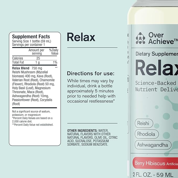 Relax Drink for Relaxation and Stress Relief Contains Ashwagandha Rhodiola Rosea and Reishi Mushroom with Advanced Nanoscience Technology 3 Pack Calm Nervous System Berry Hibiscus 2oz