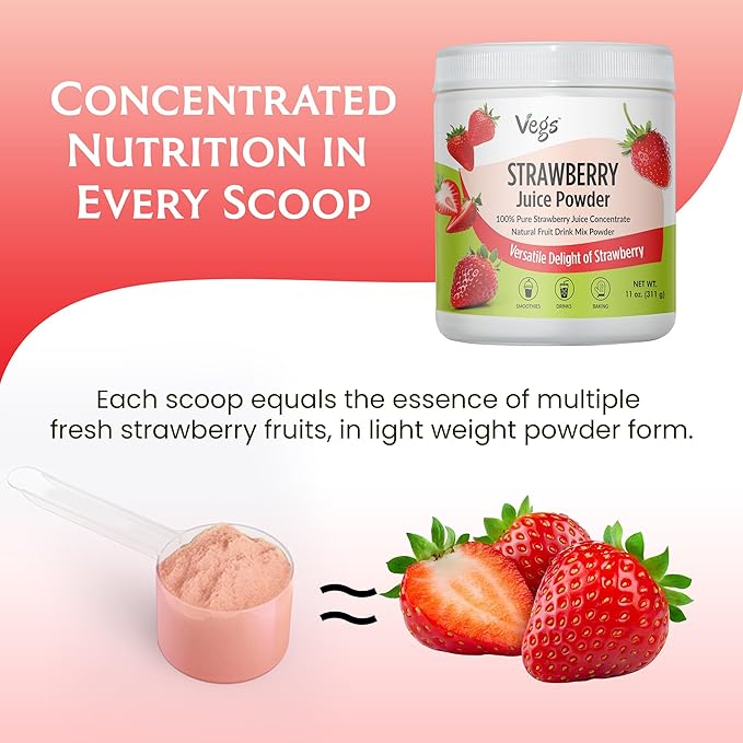 Vegs Strawberry Juice Powder - Freeze Dried Organic Strawberry Juice Instant Drink Mix Powder Baking Dessert Flavoring - Real Fruit Hydration with Electrolytes &amp Antioxidants Sugar Free - 11 oz