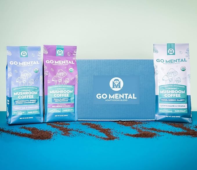 Organic Mushroom Coffee 3 Bag Gift Box Set Lion's Mane &amp Chaga Red Reishi &amp Chaga Decaffeinated Turkey Tail &amp Cordyceps Immune Support &amp Overall Wellbeing Dark Roast 36oz Ground
