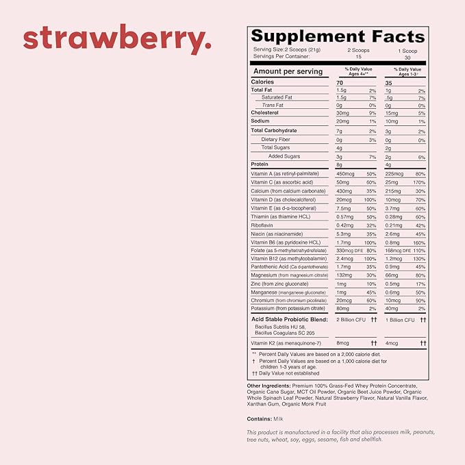Mighty Strawberry Milk - Kids All-in-One Daily Protein Powder &amp Multivitamin Boosted with 2 Billion Probiotics &amp Organic Spinach - Natural Flavors Colors &amp Sweeteners - 15-30 Servings