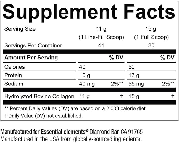 Essential Elements Hydrolyzed Collagen Peptides Powder for Men &amp Women - Joint Skin Hair &amp Nail Support - 15 Grams of Type I &amp III Grass-Fed Bovine Collagen - 30 Servings