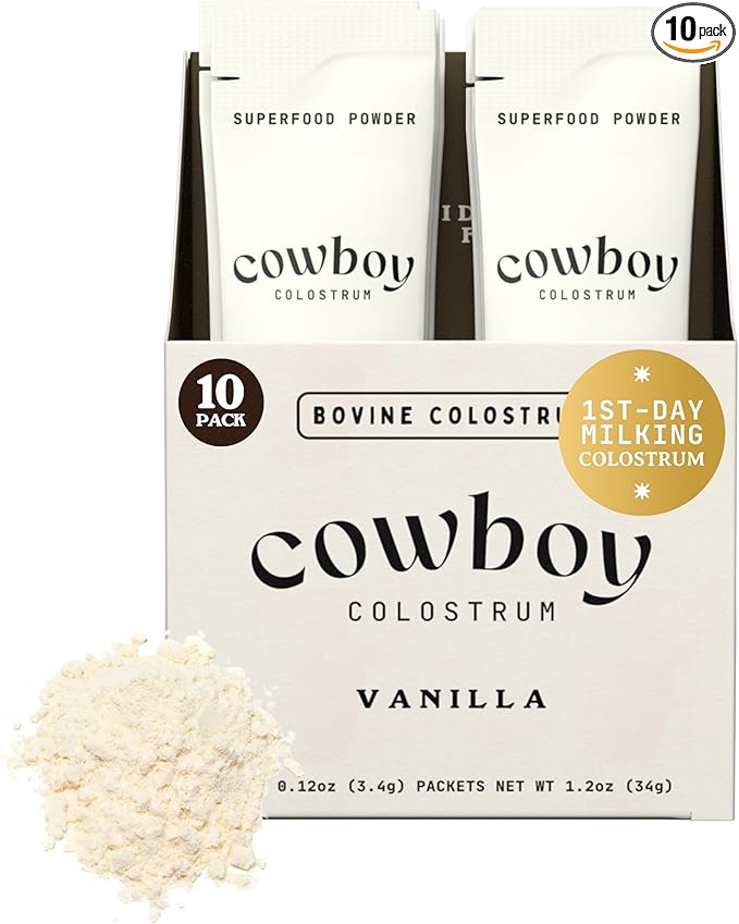 Cowboy - The Exclusive 1st Milking Whole Grass Fed Colostrum Supplement for Full Body Health - Bovine Colostrum Powder Packed w/Bioactive Nutrients (10 Travel Packs - Vanilla)