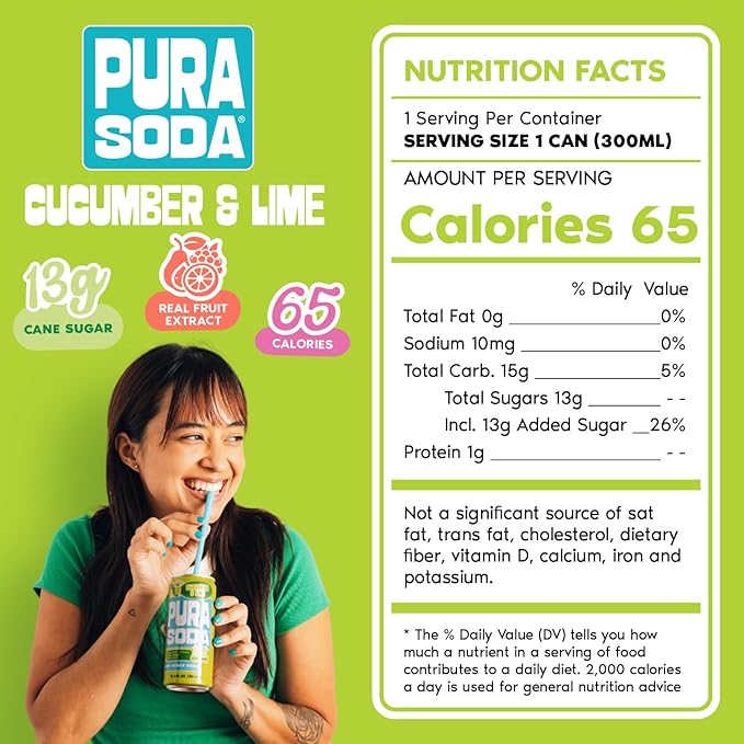 PuraSoda® Cucumber &amp Lime | 65 Calories &amp 13g Pure Cane Sugar per Can | Non-GMO Vegan | Made with Pure Cane Sugar Clean &amp Refreshing | 10 fl oz (300ml) Cans Pack of 24