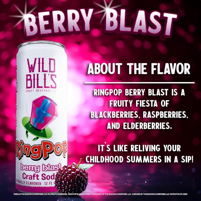 Wild Bill's Berry Blast Ring Pop Craft Soda Pop Soft Drinks – Pure Cane Sugar No HFCS Caffeine Free Vegan Gluten Free Low Sodium Lightly Carbonated - 12 Oz Cans 12 Pack
