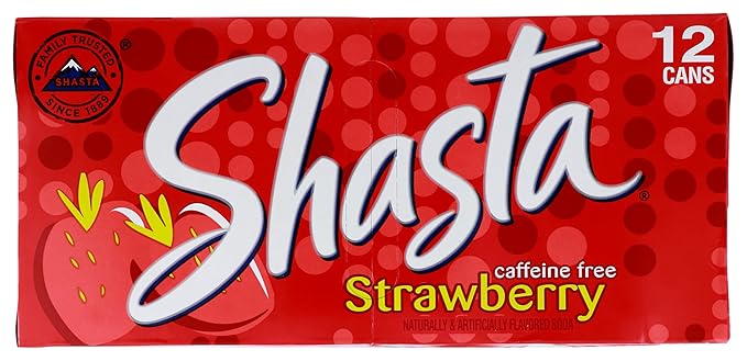 Shasta Strawberry Soda | Bold Ripe Strawberry Flavor | Caffeine-Free Soft Drink | 12-Pack of 12oz Cans | Sweet Fruity and Bursting with Classic Bubbly Fun