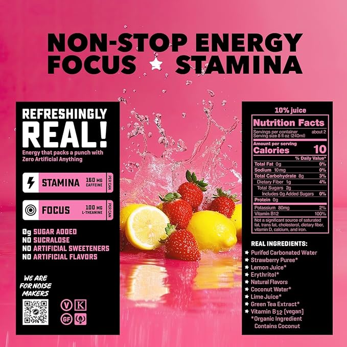 RIOT Clean Energy Drink – Strawberry Lemonade | No Sucralose No Sugar Added No Artificial Flavors | 160mg Natural Caffeine + 100mg L-Theanine | Clean Focus Stamina &amp Energy | 16 Fl Oz (Pack of