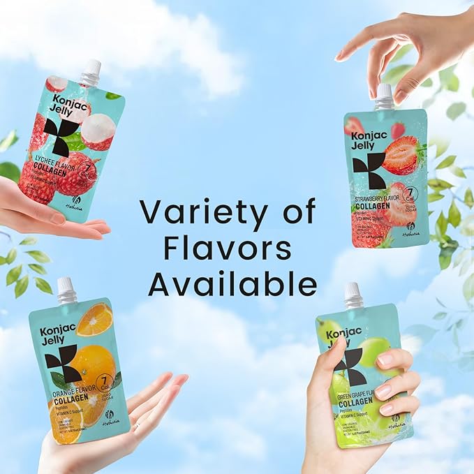Hethstia Konjac Jelly Collagen Peptides Various Flavors - Lychee Green Grape Strawberry &amp Orange | Low Calorie Sugar-Free Keto Gluten-Free Vitamin C | 10-Pack Portable Healthy Snacks
