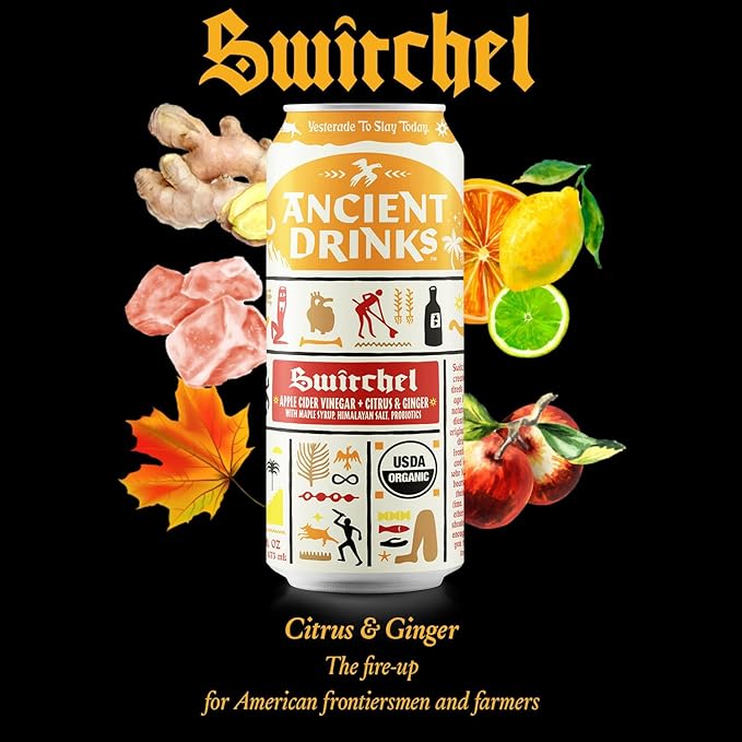 ANCIENT DRINKS Switchel Apple Cider Vinegar Drink – Organic Electrolyte Hydration Beverage with Probiotics – Ginger Citrus ACV Sports Drink – 16 oz Cans 12 Pack