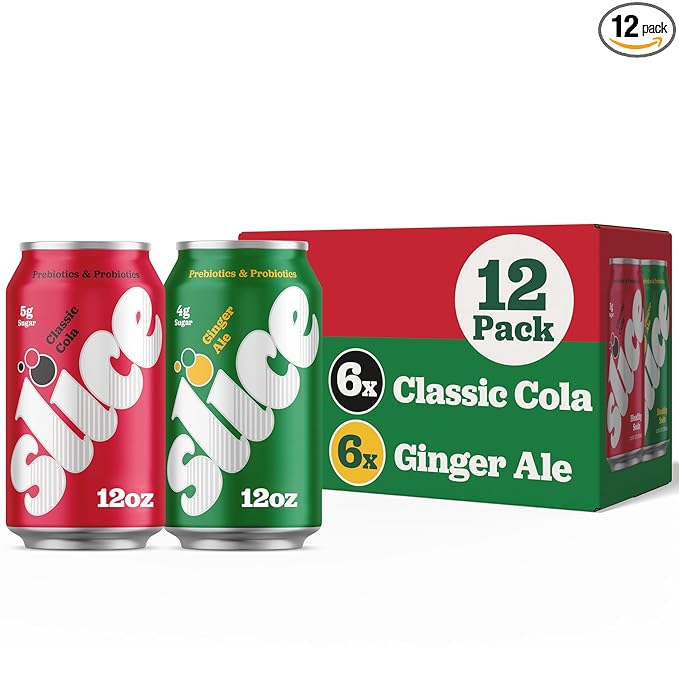 Slice Healthy Soda Cola &amp Ginger Ale Variety Pack Prebiotic &amp Probiotic Soda Pop 5g Fiber 35-40 calories 12 fl oz 12 Pack (6 of each flavor)