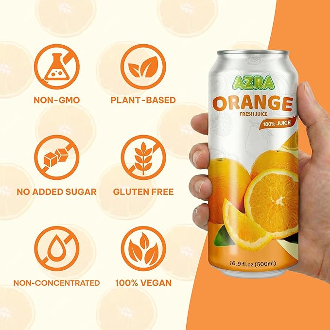 AZRA 100% Orange Juice 500ml Cans (Pack of 12) - Pure Fruit Juice Beverages - Healthy Juice with No Added Sugar Fresh Orange Juice Taste Vitamin C Rich Healthy Drinks 12 Count