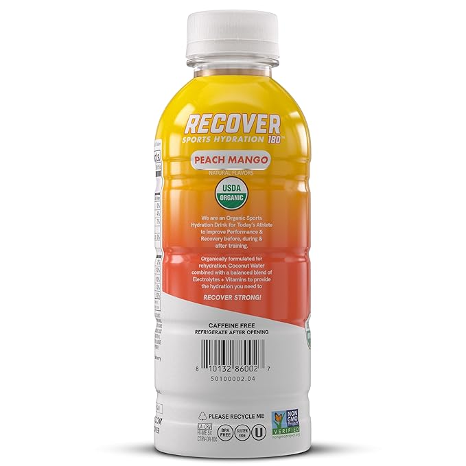 RECOVER 180 Organic Sports Hydration Drink No Sugar Added 20 Calorie Sports Beverage Organic Flavors With Vitamins Potassium-Packed Electrolytes (16.9 Fl Oz (Pack of 12) Peach Mango)