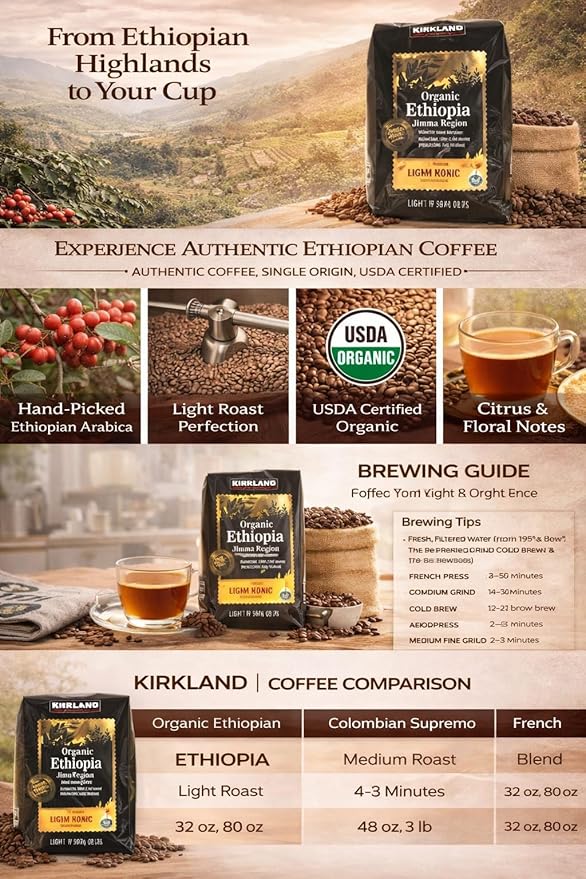 Kirkland Signature Organic Ethiopia Whole Bean Coffee Light Roast (32 Ounce)