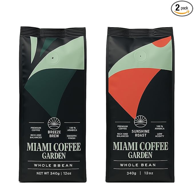 Miami Coffee Garden Variety Bundle – Breeze Brew &amp Sunshine Roast – 100% Arabica Low Acid Premium Ground Coffee Medium Roast 2 x 12oz Bags