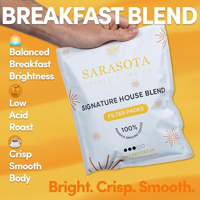 Ground Coffee In Filter Packs | Medium Roast Low Acid Mold Free Pouches | Signature House Breakfast Blend | Gourmet Bulk Packets for 10-12 Cup Drip Maker | Highest Rated Individual Premeasured Coffee