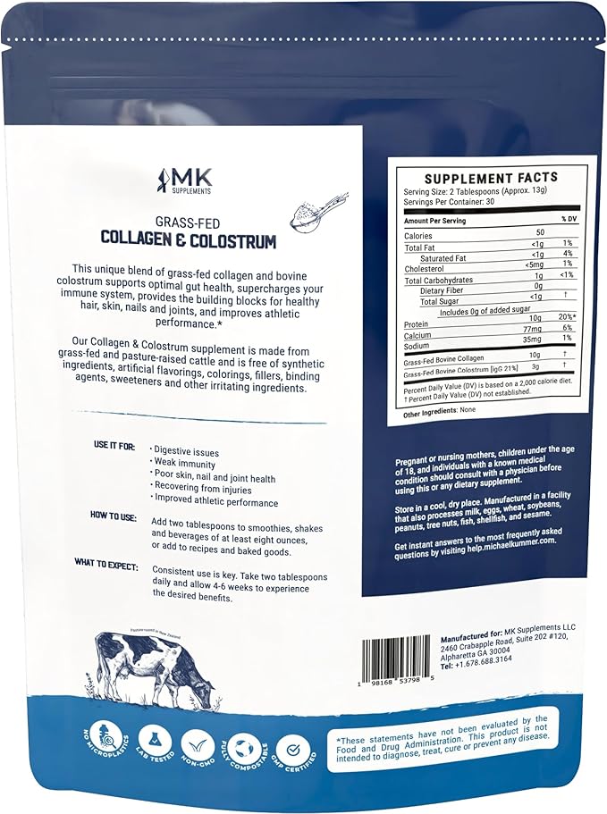 MK Supplements Collagen &amp Colostrum – Grass-Fed Bovine Collagen &amp Bovine Colostrum Powder – Skin Gut Joint &amp Immune Support – Keto Paleo Carnivore Friendly – No Additives