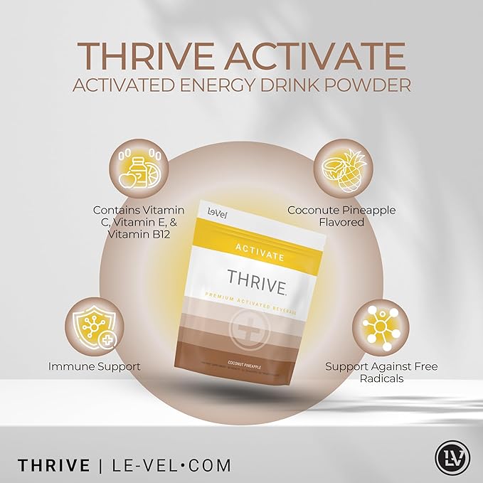 Thrive Activate - Focus &amp Energy Drink Powder Mix with Real Flavor 30 Packets- Enhanced Energy Performance Vitamin C Vitamin E B12 for Mental Clarity (30 Packet Coconut Pinneapple)