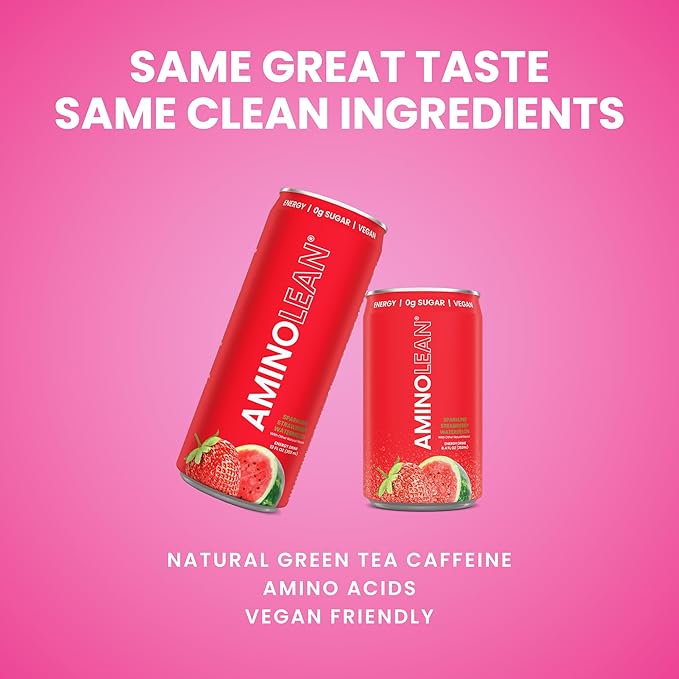 AminoLean Energy Drink MINIS – Sugar Free Anytime Energy with Natural Caffeine &amp Vegan Amino Acids for No Jitters Tingles or Crash Strawberry Watermelon 8 oz 12 Pack