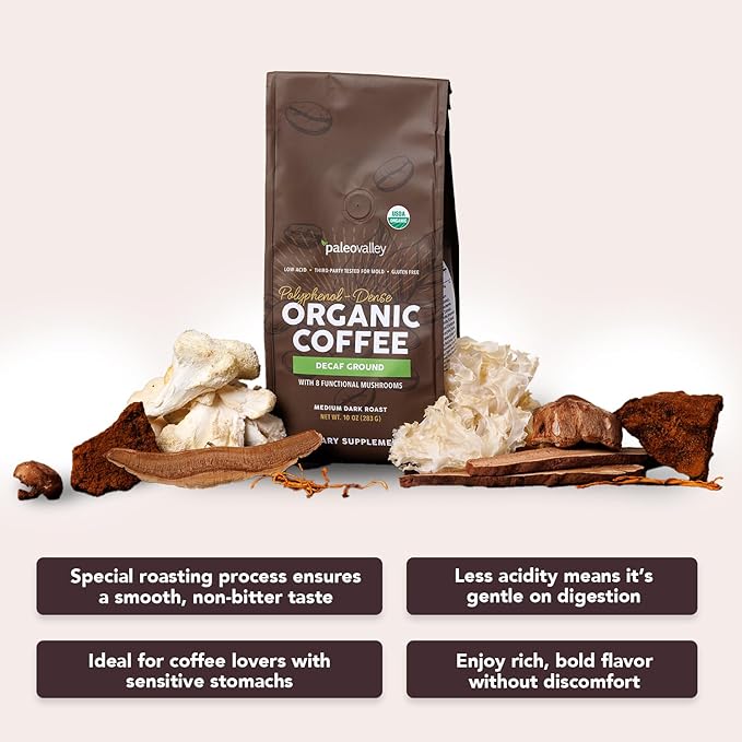 Paleovalley Organic Ground Coffee 10oz - Decaf Low Acid Single-Origin Polyphenol-Rich Infused with Mushrooms