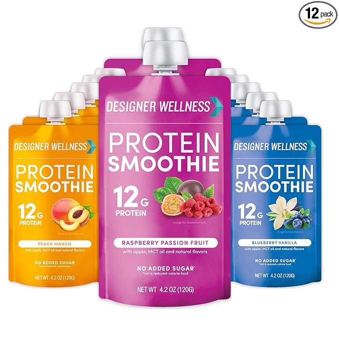 Designer Wellness Protein Smoothie Real Fruit 12g Protein Low Carb Zero Added Sugar Gluten-Free Non-GMO No Artificial Colors or Flavors Super Fruits Variety Pack 12 Count