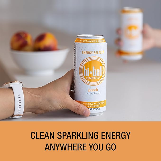 Hiball Clean Energy Seltzer Water Caffeinated Sparkling Water Made with Vitamin B12 and Vitamin B6 Sugar Free (8 pack of 16 Fl Oz) Peach