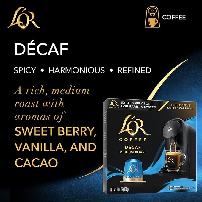 L'OR Coffee Pods 50 Count DECAF Medium Roast Single-Serve Aluminum Coffee Capsules Compatible with the L'OR BARISTA System &amp *Nespresso Original Machines 50 Count (Pack of 5)