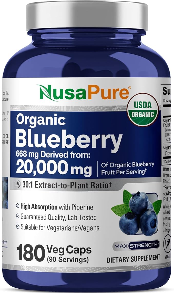 NusaPure Blueberry Concentrate 30:1 Extract 667 mg Equivalent to 20000 mg 180 Veg Caps Suitable for Vegetarian Vegan Non-GMO