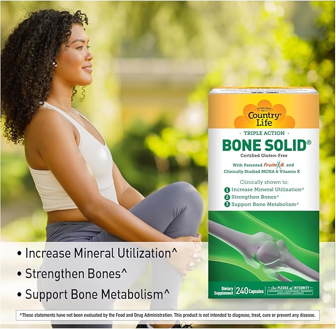 Country Life Bone Solid - Bone Health Supplement with Microcrystalline Hydroxyapatite (MCHA) Calcium Magnesium Zinc Vitamins K2 &amp D3 for Enhanced Bone Strength &amp Metabolism - 240 Capsules