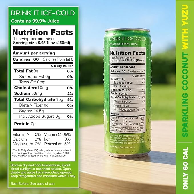 Yoopy Sparkling Coconut Water with Citrus-Inspired Yuzu – Low Sugar Refreshing Drink Healthy Soda Alternative Lightly Carbonated Beverage - 12 pack (8.45 fl oz cans)