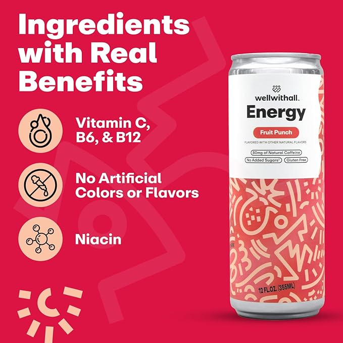 WellWithAll Fruit Punch Energy Drink – Caffeine from Tea – With Vitamin C – Lightly Sparkling Beverage – Fruit &amp Veggie Juice Blend – 12 Oz (Pack of 12)