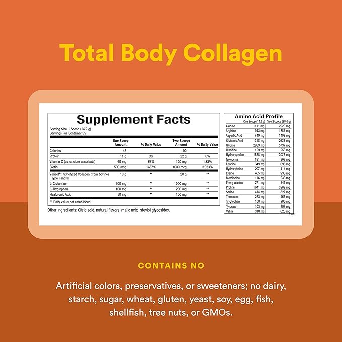 Natural Factors Total Body Collagen Bioactive Peptides Powder for Healthy Skin Hair &amp Joints Orange