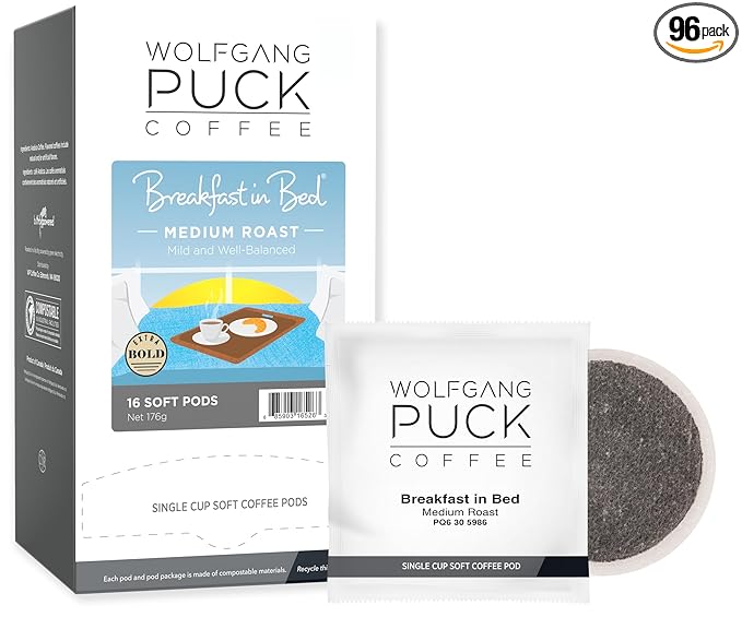 Wolfgang Puck Coffee Breakfast In Bed 12 Gram Soft Pods 16 Count (Pack of 6)
