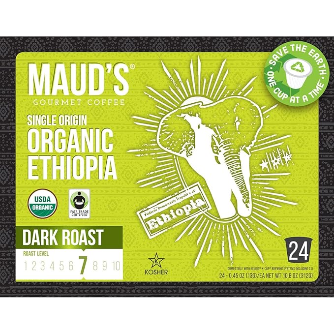 Maud's Organic Ethiopian Coffee Pods 24 ct Single Origin Ethiopian Dark Roast Coffee in Single Serve Pods – 100% Arabica Coffee Compatible with Keurig K Cups Maker