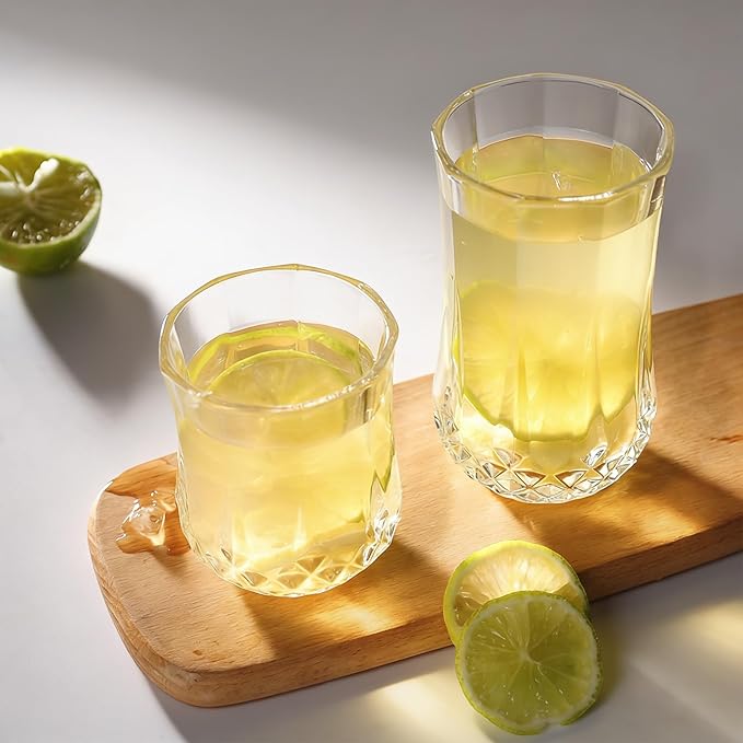 Ruckae Drinking Glasses Set of 811 oz and 7 oz Kitchen Water Glass Cups SetClear Curvature Glassware Dishwasher SafeMixed Drinkware for BeerJuiceCocktailWhiskeyMilk and Various Mixed Drinks