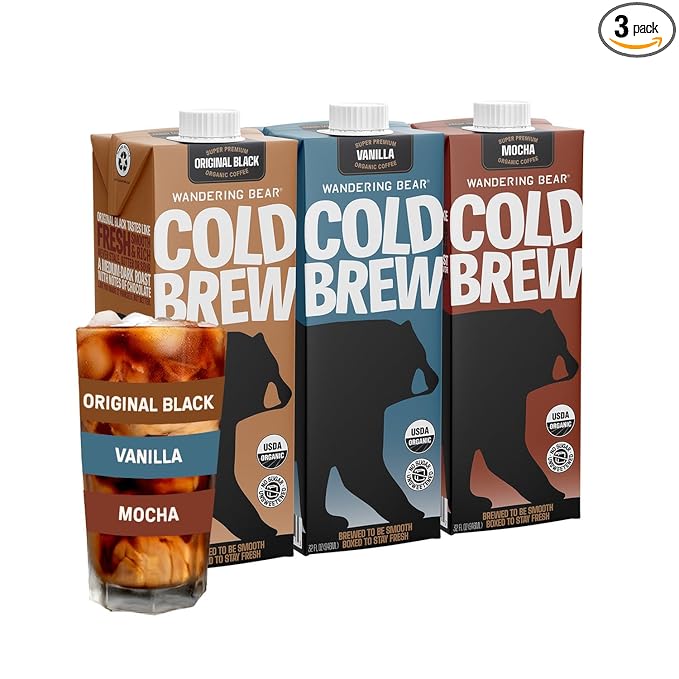 Wandering Bear Organic Cold Brew Coffee Variety Pack - Extra Strong Bold Smooth Unsweetened Shelf-Stable Ready to Drink &amp Vegan Iced Cold Brewed Coffee Drink - 32 fl oz (3pk - Vanilla Black