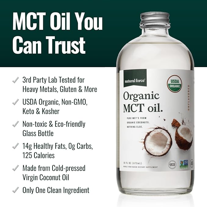 Natural Force Organic Ground Clean Coffee + Organic MCT Oil Bundle – 100% Pure Coconut MCTs &amp Mold &amp Mycotoxin Free Coffee – Non-GMO Keto Paleo and Vegan - 10 Oz Bag and 16 Oz Glass Bottle