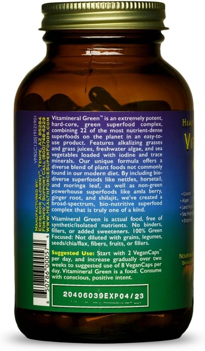 HEALTHFORCE SUPERFOODS Vitamineral Green - Mineral Supplement for Immune &amp Thyroid Support - Green Powder Supplement with Ingredients from The Land - Gluten-Free &amp Vegan - 120 Capsules
