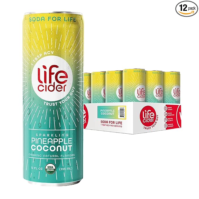 Life Cider Pineapple Coconut Apple Cider Vinegar Soda 12 Pack Organic Sparkling AVC Drink Natural Flavors Promotes Gut Health Vitamins C B12 Zinc D3