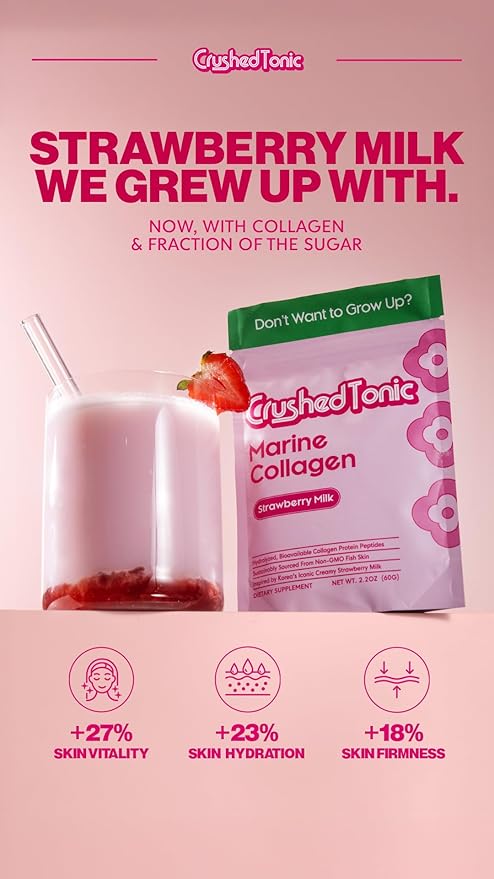 Crushed Tonic Korean Beauty Collagen Powder | Hydrolyzed Bovine Collagen Peptides for Skin Glow Hair &amp Nails | K-Beauty Drink | Gluten-Free Halal &amp Kosher (Strawberry 30 Servings (150 g) P