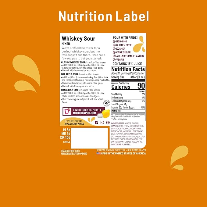 Master of Mixes Whiskey Sour Drink Mix Ready To Use 1 Liter Bottle (33.8 Fl Oz) Pack of 3
