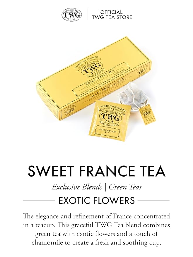 TWG Tea | Sweet France Tea | Green Tea | Chamomile Flowers &amp Rose Petals | 15 Hand Sewn Cotton Tea Bags | Gift Set