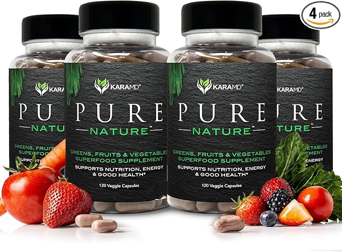 KaraMD Pure Nature | Greens Fruit and Veggies Supplement | Vitamins Fiber &amp Antioxidants | 20 Fruits and Vegetables Supplements for Energy &amp Digestion | Gluten Free &amp Vegan Friendly (4-P