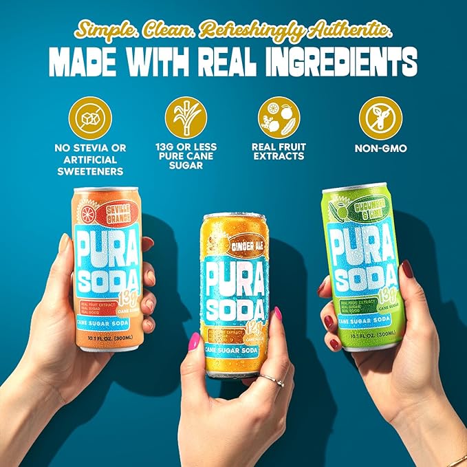 PuraSoda® Zest Fest Soda Variety Pack - Cucumber &amp Lime Orange &amp Ginger Ale | 10 fl oz (Pack of 24) | 65 Calories 13g Real Cane Sugar Real Fruit Extracts | Non-GMO Vegan No Stevia or Art